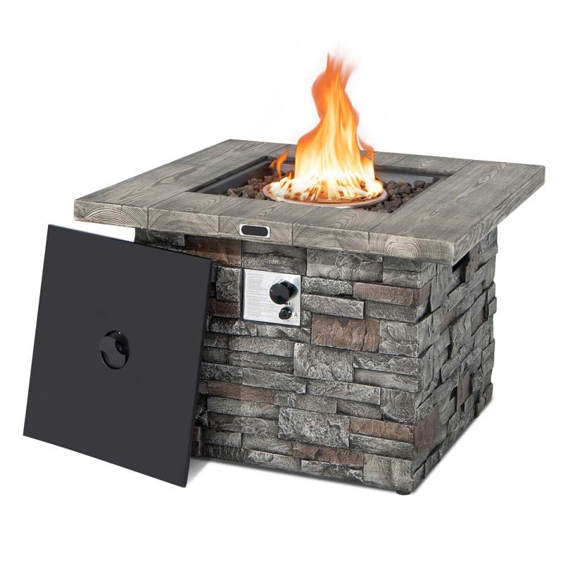 34.5" Faux Stone Square Gas Fire Table, 50000 BTU Propane Fire Pit Table with Lava Rocks & Cover