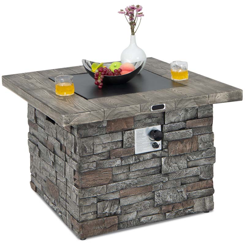 34.5" Faux Stone Square Gas Fire Table, 50000 BTU Propane Fire Pit Table with Lava Rocks & Cover