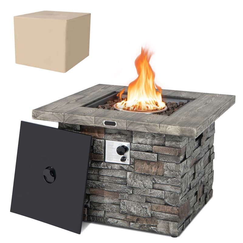 34.5" Faux Stone Square Gas Fire Table, 50000 BTU Propane Fire Pit Table with Lava Rocks & Cover