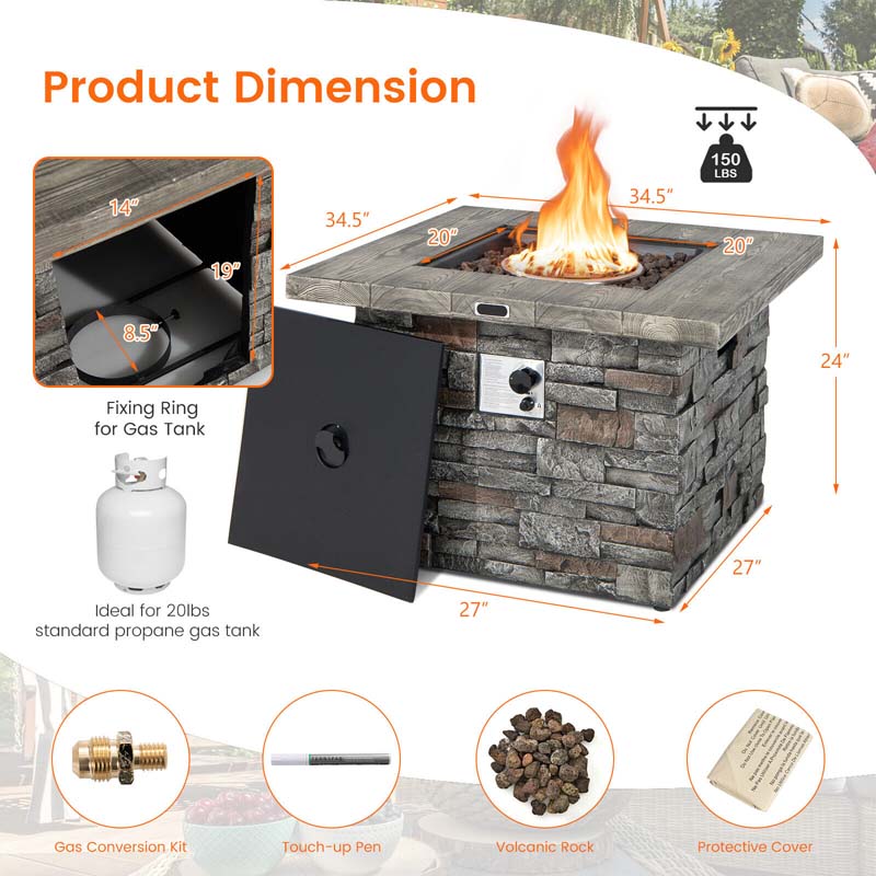 34.5" Faux Stone Square Gas Fire Table, 50000 BTU Propane Fire Pit Table with Lava Rocks & Cover