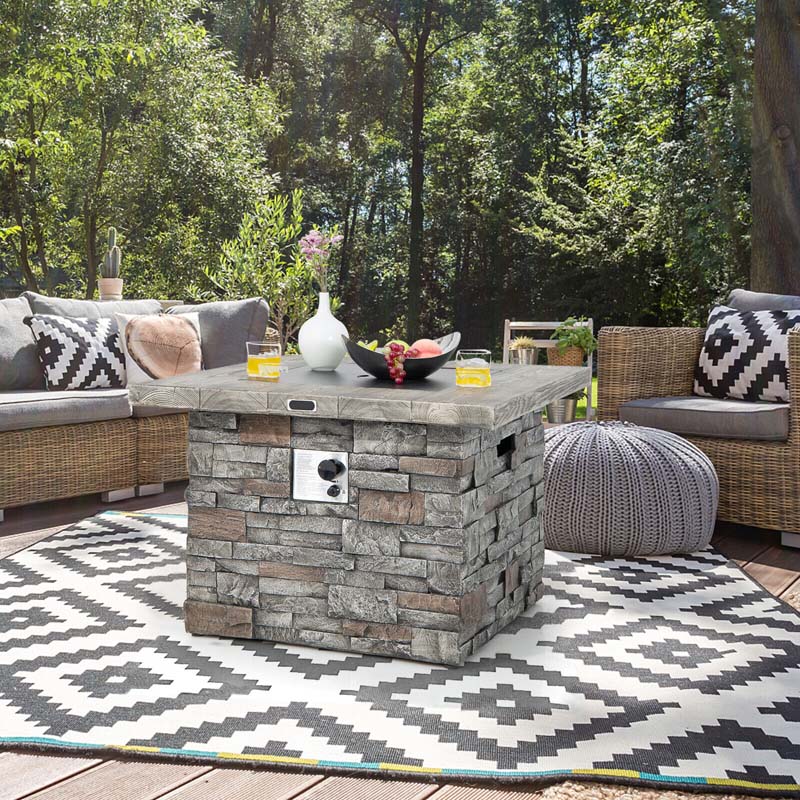 34.5" Faux Stone Square Gas Fire Table, 50000 BTU Propane Fire Pit Table with Lava Rocks & Cover