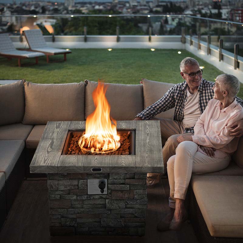 34.5" Faux Stone Square Gas Fire Table, 50000 BTU Propane Fire Pit Table with Lava Rocks & Cover