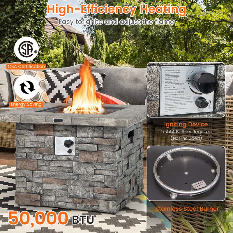 34.5" Faux Stone Square Gas Fire Table, 50000 BTU Propane Fire Pit Table with Lava Rocks & Cover