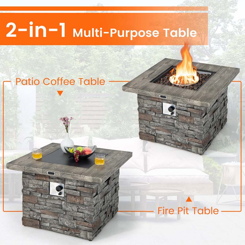 34.5" Faux Stone Square Gas Fire Table, 50000 BTU Propane Fire Pit Table with Lava Rocks & Cover