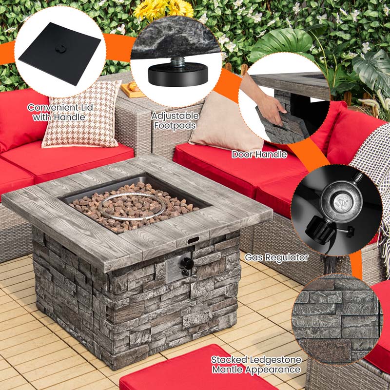34.5" Faux Stone Square Gas Fire Table, 50000 BTU Propane Fire Pit Table with Lava Rocks & Cover
