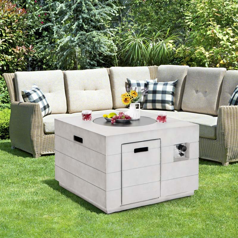 34" Concrete Square Gas Fire Table, 50000 BTU Outdoor Propane Fire Pit Table with Lava Rocks & Cover