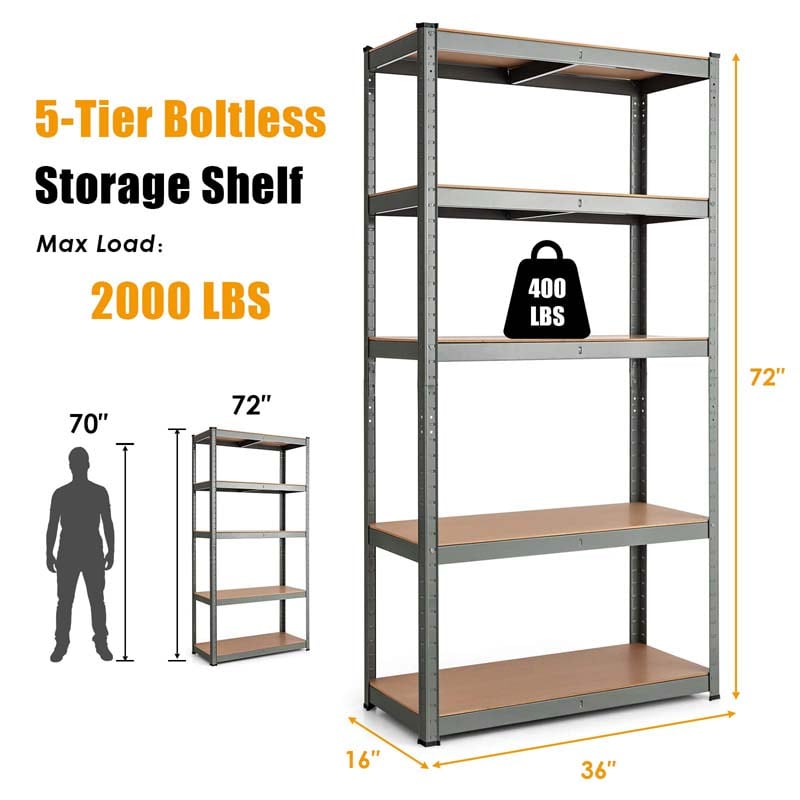 Gray 36" x 16'' x 72" 5-Tier Storage Shelving Unit, 2000 lbs Capacity Heavy Duty Metal Utility Shelves, Adjustable Storage Racks
