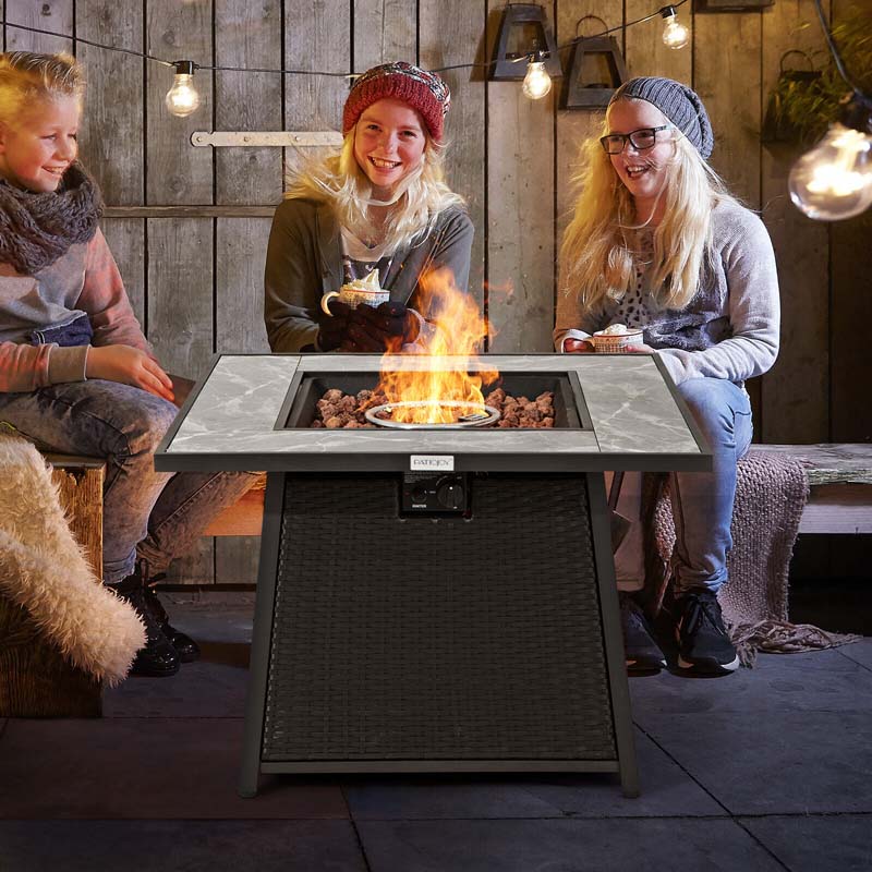 35" 50000 BTU Rattan Outdoor Propane Gas Fire Pit Table with Marble Tabletop, Lava Rocks & PVC Cover