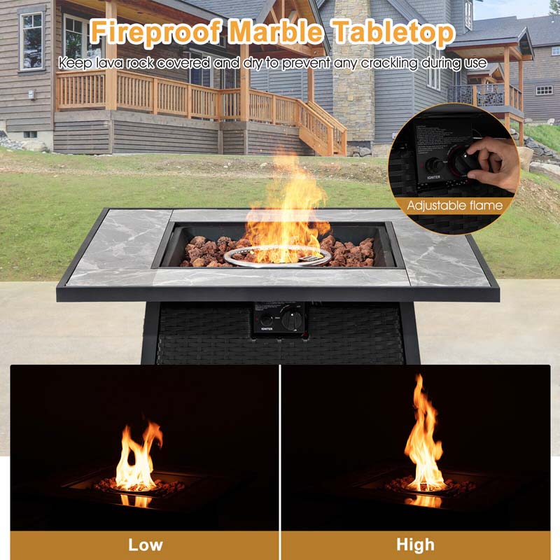 35" 50000 BTU Rattan Outdoor Propane Gas Fire Pit Table with Marble Tabletop, Lava Rocks & PVC Cover