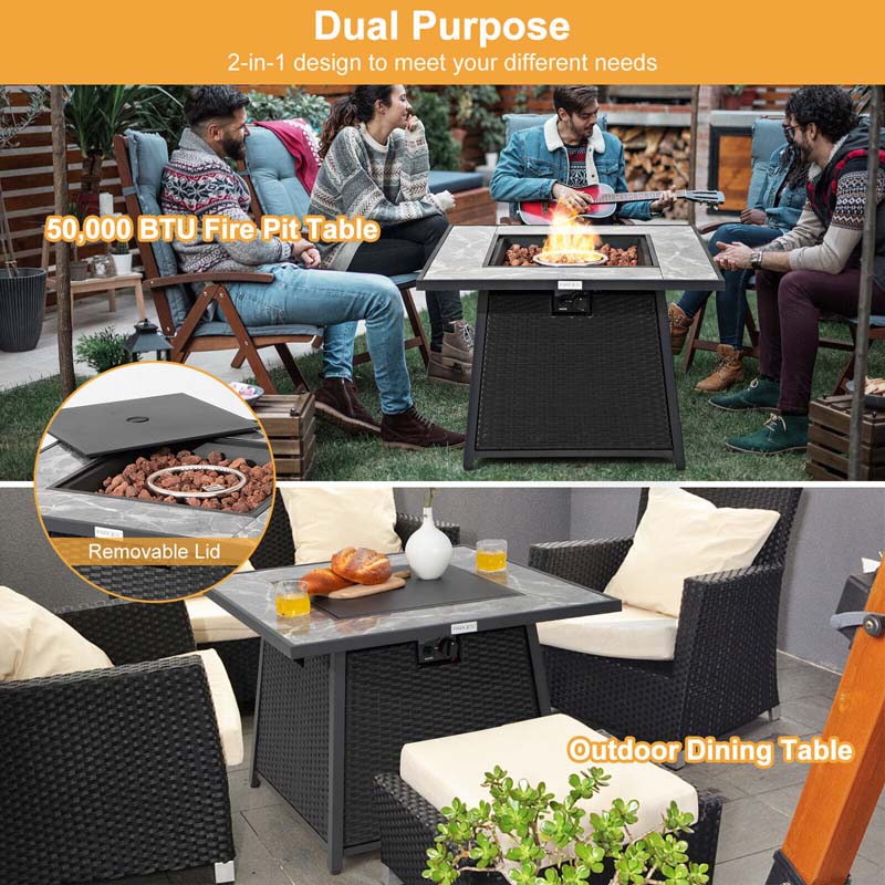 35" 50000 BTU Rattan Outdoor Propane Gas Fire Pit Table with Marble Tabletop, Lava Rocks & PVC Cover