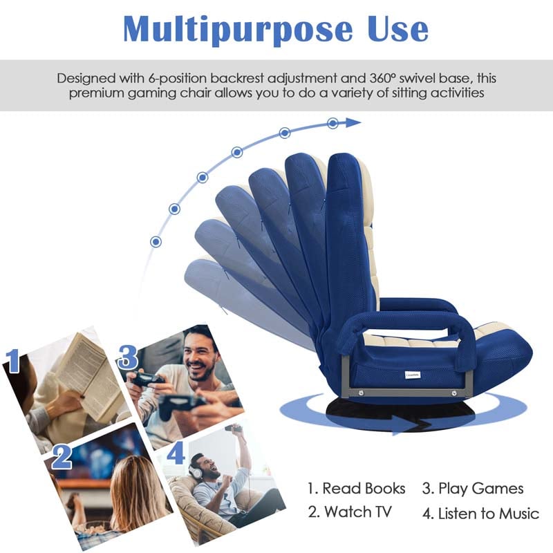 360° Swivel Floor Gaming Chair, 6-Position Adjustable Folding Floor Rocker Chair with Armrests & Padded Backrest for Games, Reading