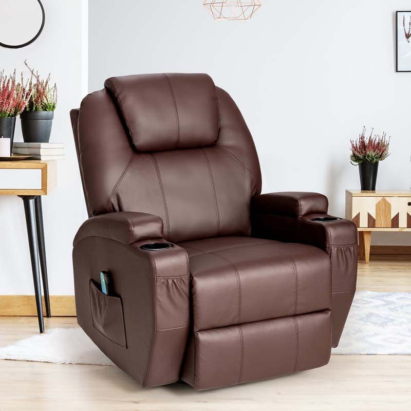 Leather Massage Recliner Chair 360 Degree Swivel Glider Rocker with Lumbar Heating & Remote Control