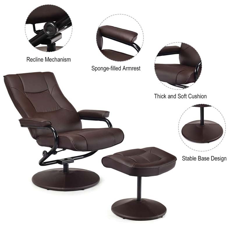 360° Swivel Recliner Chair with Ottoman, PU Leather Lounge Armchair Adjustable Reclining Chair with Footrest for Living Room Bedroom Office