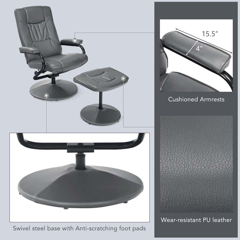 360° Swivel Recliner Chair with Ottoman, PU Leather Lounge Armchair Adjustable Reclining Chair with Footrest for Living Room Bedroom Office