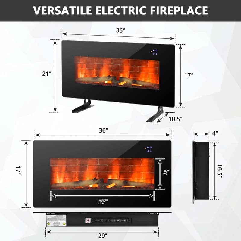 36" Electric Fireplace with 7 Realistic Flame Colors, 1400W Freestanding & Wall-Mounted Electric Fireplace Heater