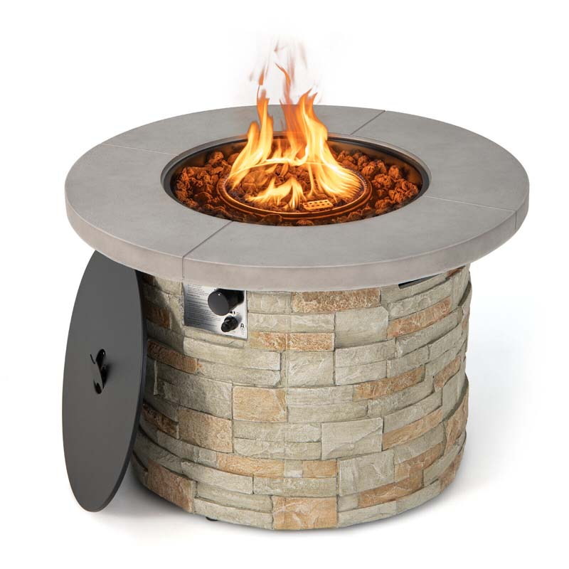 36" Stone-Like Round Gas Fire Table, 50000 BTU Propane Fire Pit Table with Lava Rocks & Cover