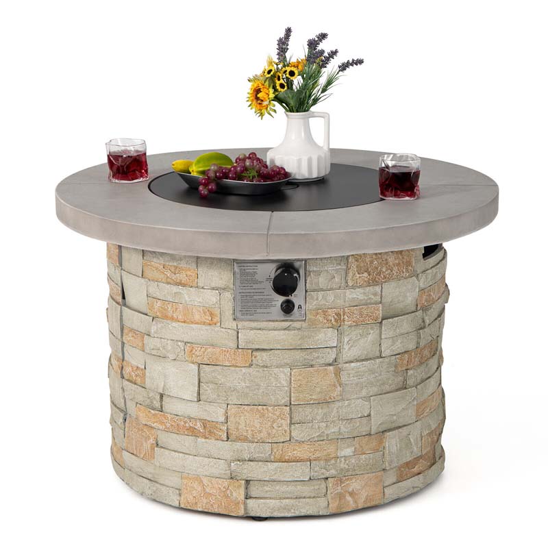 36" Stone-Like Round Gas Fire Table, 50000 BTU Propane Fire Pit Table with Lava Rocks & Cover