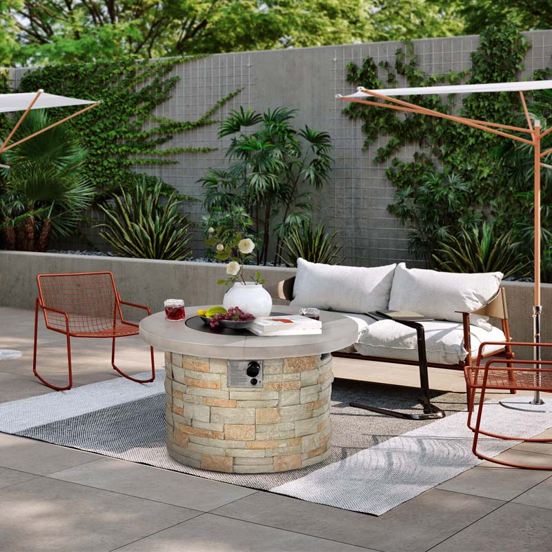 36" Stone-Like Round Gas Fire Table, 50000 BTU Propane Fire Pit Table with Lava Rocks & Cover