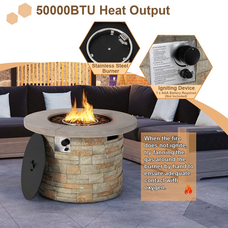 36" Stone-Like Round Gas Fire Table, 50000 BTU Propane Fire Pit Table with Lava Rocks & Cover