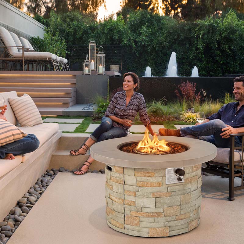 36" Stone-Like Round Gas Fire Table, 50000 BTU Propane Fire Pit Table with Lava Rocks & Cover