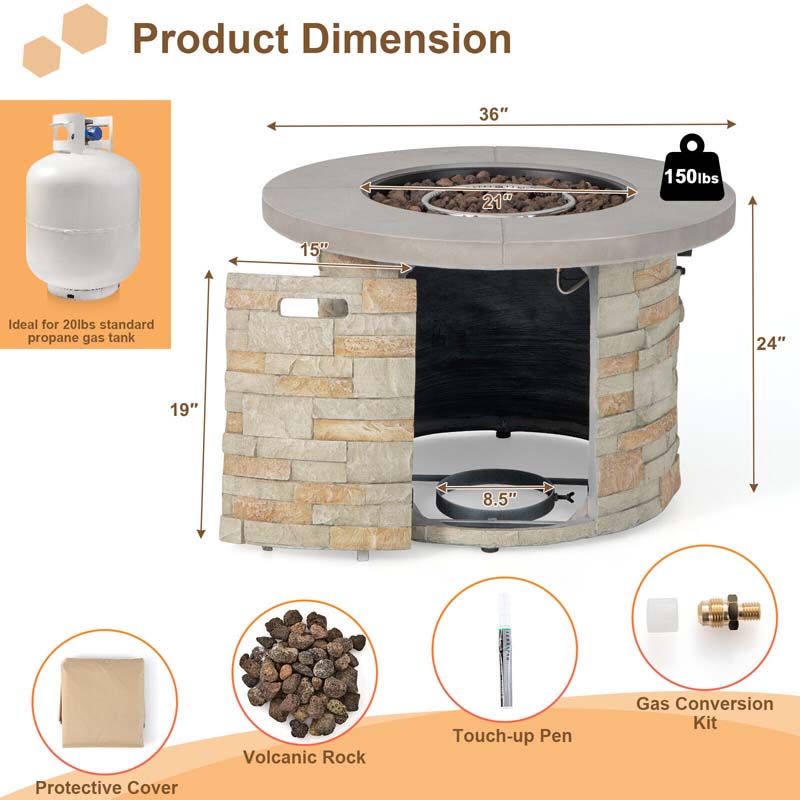 36" Stone-Like Round Gas Fire Table, 50000 BTU Propane Fire Pit Table with Lava Rocks & Cover