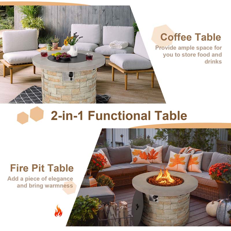 36" Stone-Like Round Gas Fire Table, 50000 BTU Propane Fire Pit Table with Lava Rocks & Cover
