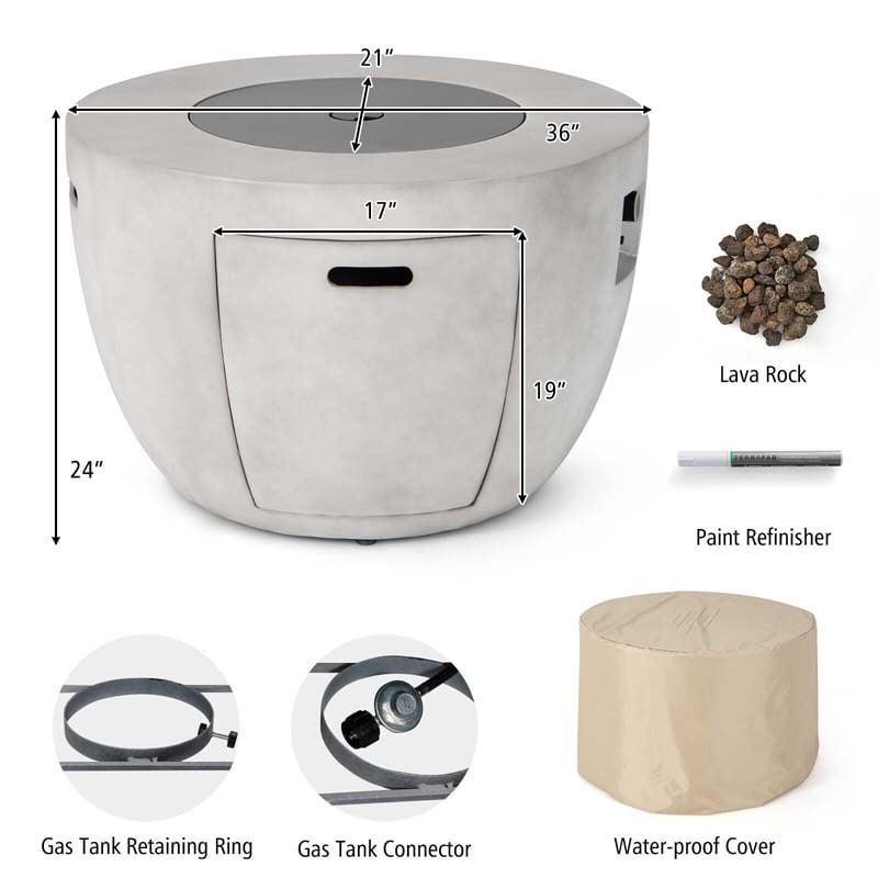 36" Concrete Round Propane Fire Pit Table, 50000 BTU Outdoor Gas Fire Table with Lava Rocks & Cover