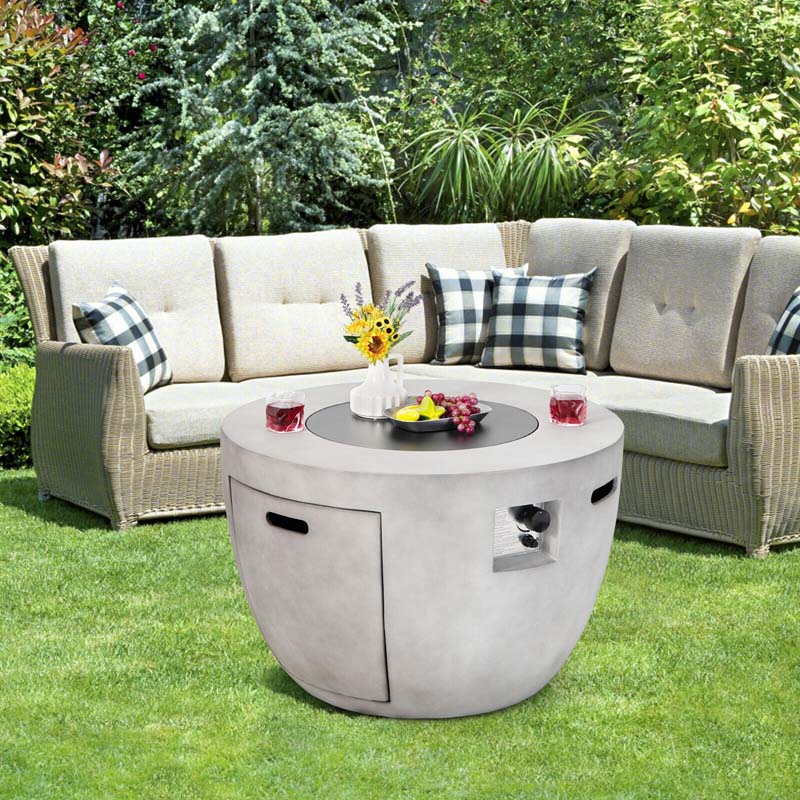 36" Concrete Round Propane Fire Pit Table, 50000 BTU Outdoor Gas Fire Table with Lava Rocks & Cover