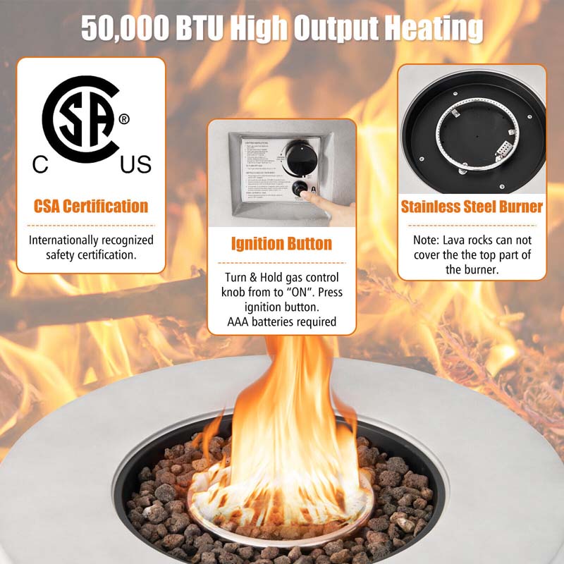 36" Concrete Round Propane Fire Pit Table, 50000 BTU Outdoor Gas Fire Table with Lava Rocks & Cover