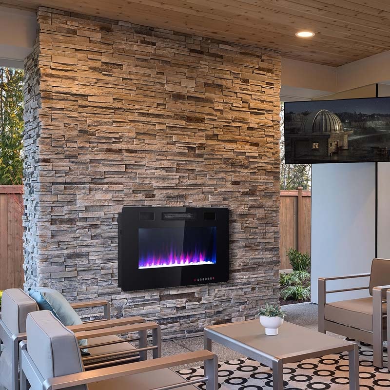 36" Ultra-Thin Electric Fireplace Insert, 1500W Recessed & Wall-mounted Fireplace Heater with 12 Flame Colors