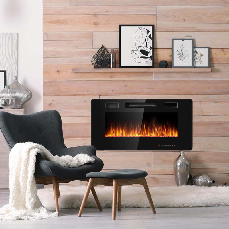 36" Ultra-Thin Electric Fireplace Insert, 1500W Recessed & Wall-mounted Fireplace Heater with 12 Flame Colors