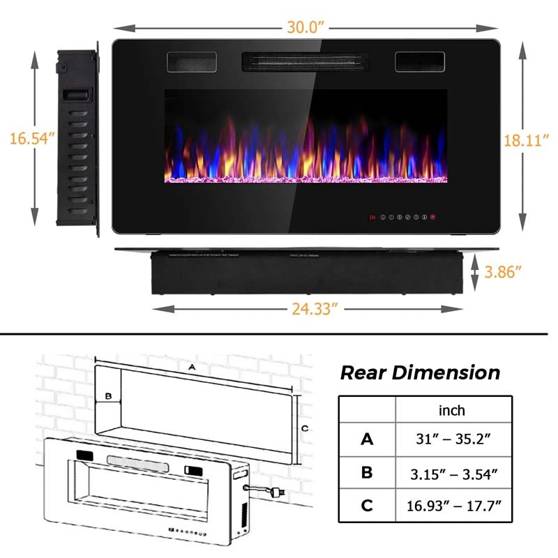36" Ultra-Thin Electric Fireplace Insert, 1500W Recessed & Wall-mounted Fireplace Heater with 12 Flame Colors