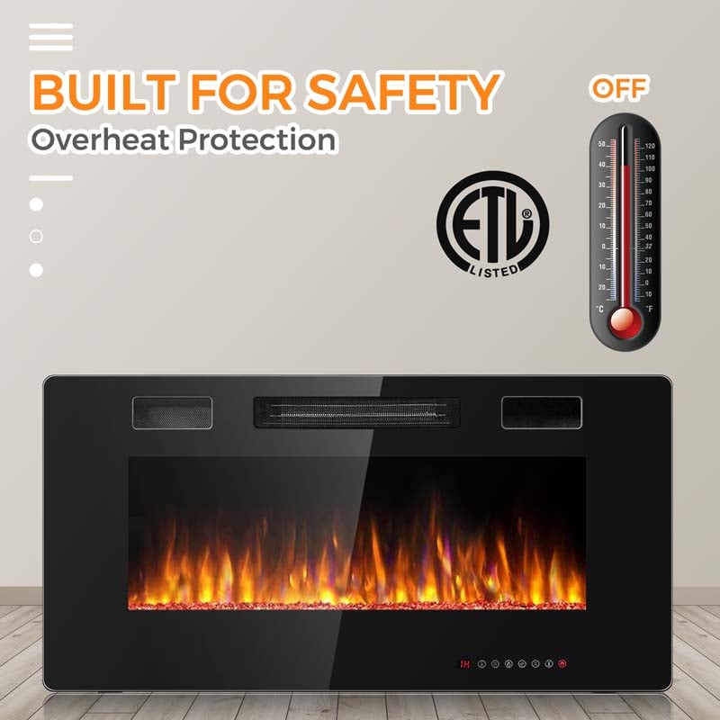 36" Ultra-Thin Electric Fireplace Insert, 1500W Recessed & Wall-mounted Fireplace Heater with 12 Flame Colors