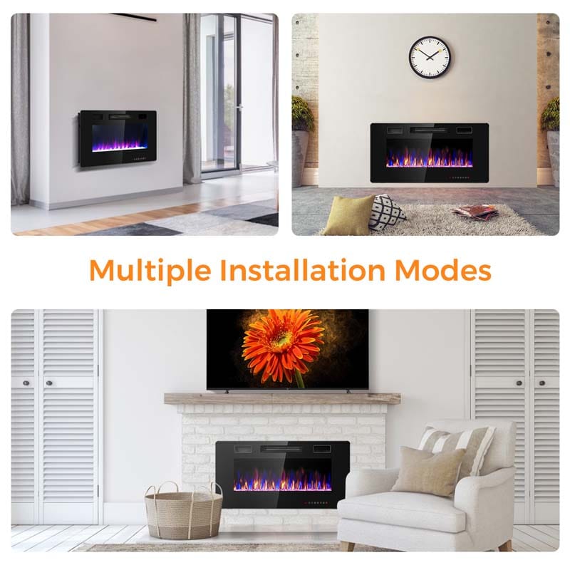 36" Ultra-Thin Electric Fireplace Insert, 1500W Recessed & Wall-mounted Fireplace Heater with 12 Flame Colors