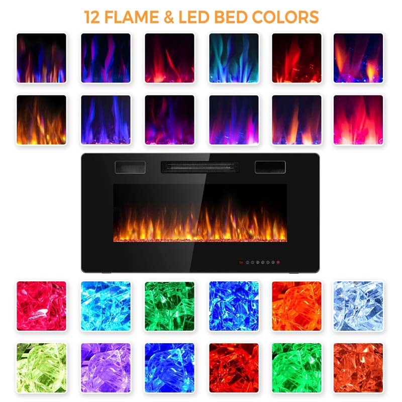 36" Ultra-Thin Electric Fireplace Insert, 1500W Recessed & Wall-mounted Fireplace Heater with 12 Flame Colors
