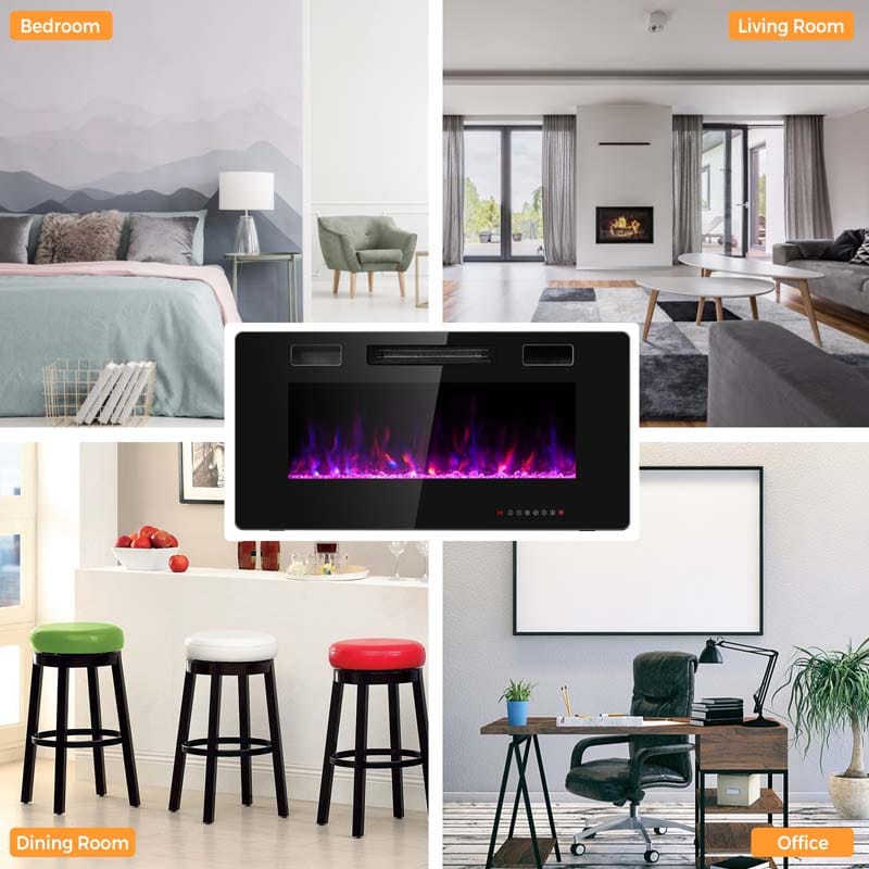 36" Ultra-Thin Electric Fireplace Insert, 1500W Recessed & Wall-mounted Fireplace Heater with 12 Flame Colors
