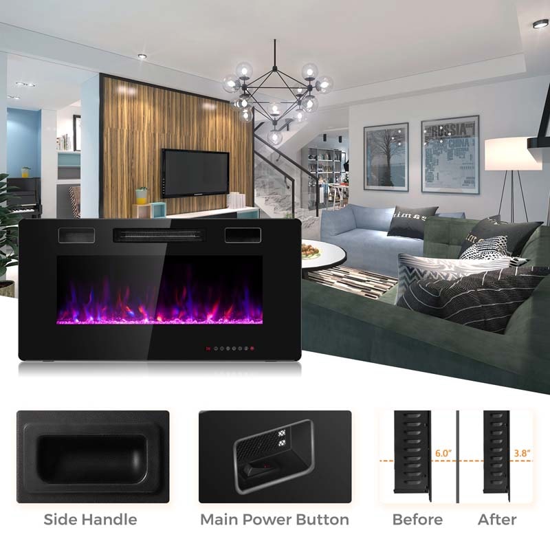 36" Ultra-Thin Electric Fireplace Insert, 1500W Recessed & Wall-mounted Fireplace Heater with 12 Flame Colors