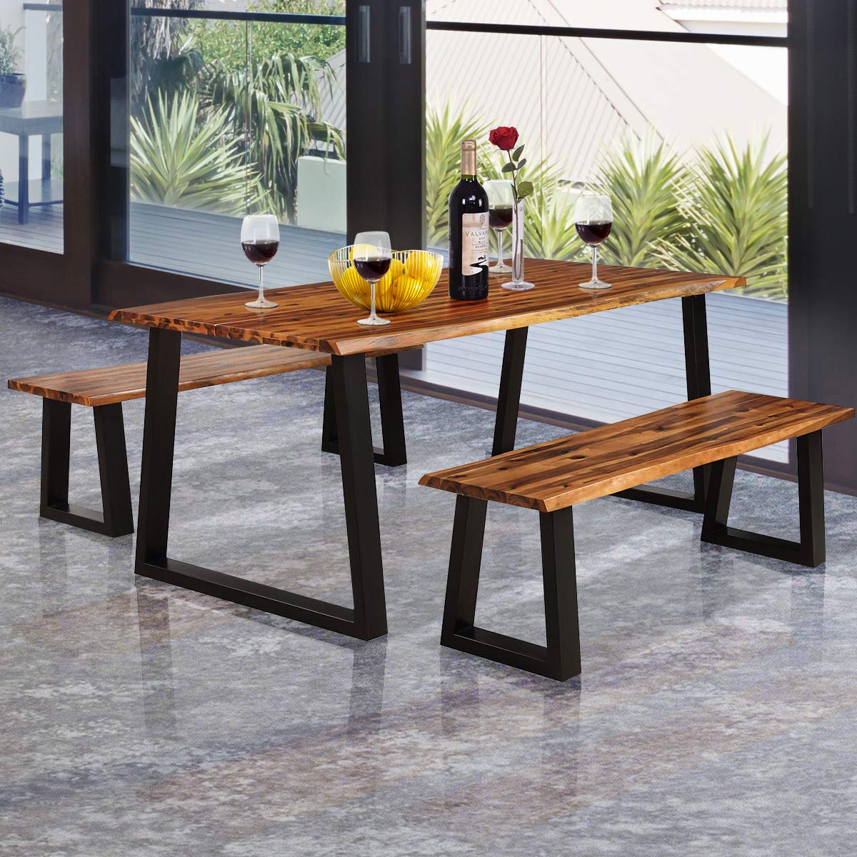 3 Piece Rustic Acacia Wood Dining Table Set with 2 Benches, Picnic Table Bench Set with Metal Legs for Indoor & Outdoor Use
