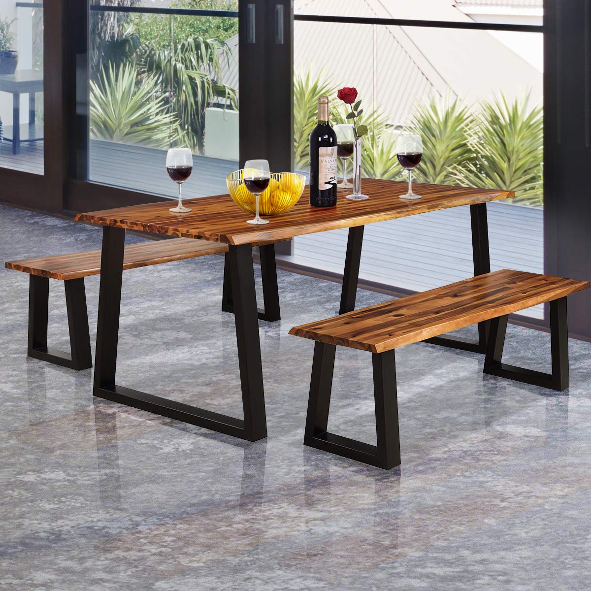 3 Pcs Rustic Acacia Wood Dining Table Set with 2 Benches, Indoor & Outdoor Picnic Table Bench with Metal Legs