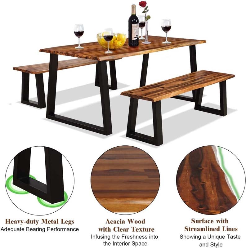 3 Piece Rustic Acacia Wood Dining Table Set with 2 Benches, Picnic Table Bench Set with Metal Legs for Indoor & Outdoor Use