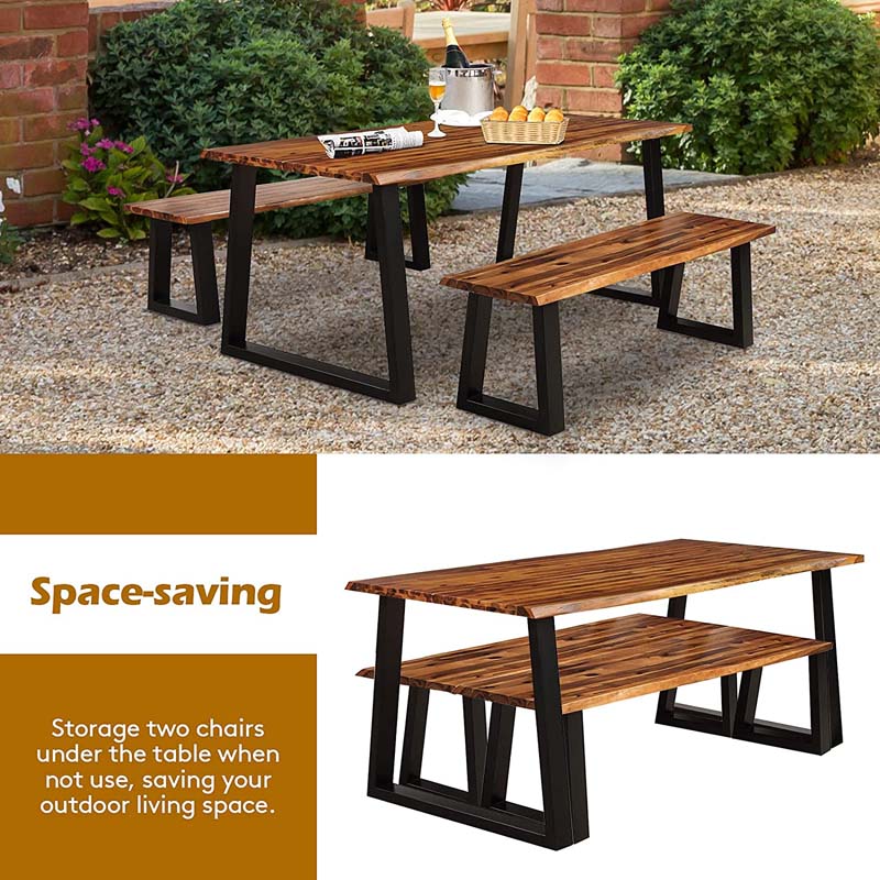 3 Piece Rustic Acacia Wood Dining Table Set with 2 Benches, Picnic Table Bench Set with Metal Legs for Indoor & Outdoor Use