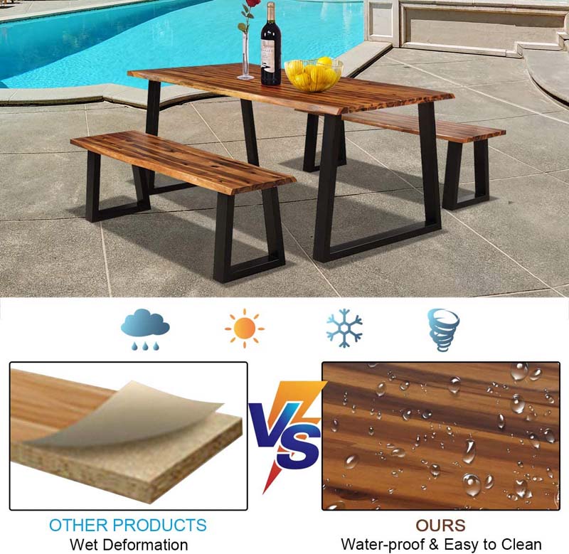3 Piece Rustic Acacia Wood Dining Table Set with 2 Benches, Picnic Table Bench Set with Metal Legs for Indoor & Outdoor Use
