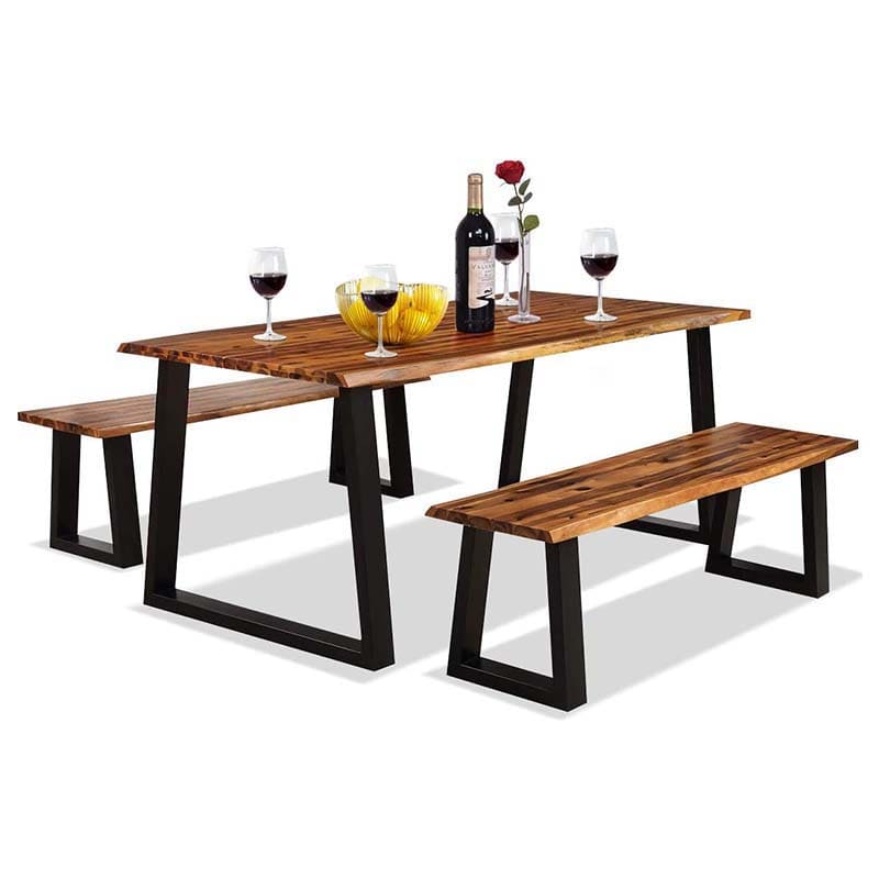 3 Piece Rustic Acacia Wood Dining Table Set with 2 Benches, Picnic Table Bench Set with Metal Legs for Indoor & Outdoor Use