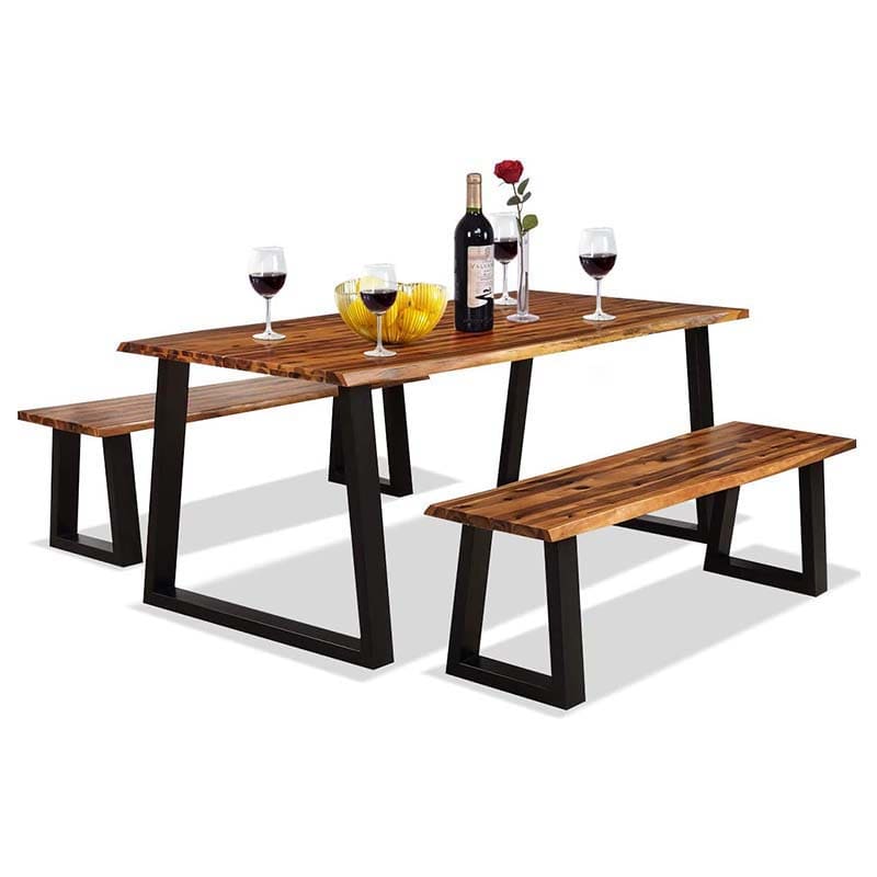 3 Pcs Rustic Acacia Wood Dining Table Set with 2 Benches, Indoor & Outdoor Picnic Table Bench with Metal Legs