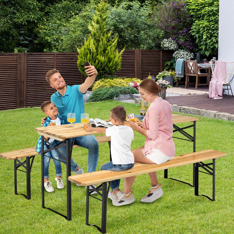 3 Pcs Folding Picnic Table Bench Set, 70" Portable Beer Table with Seating Set, Wooden Top Outdoor Dining Table Set