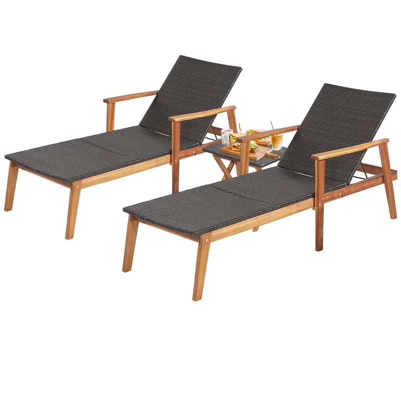 Acacia Wood & Rattan Patio Beach Outdoor Chaise Lounge Chairs Pool Sun Lounger Set with Folding Side Table