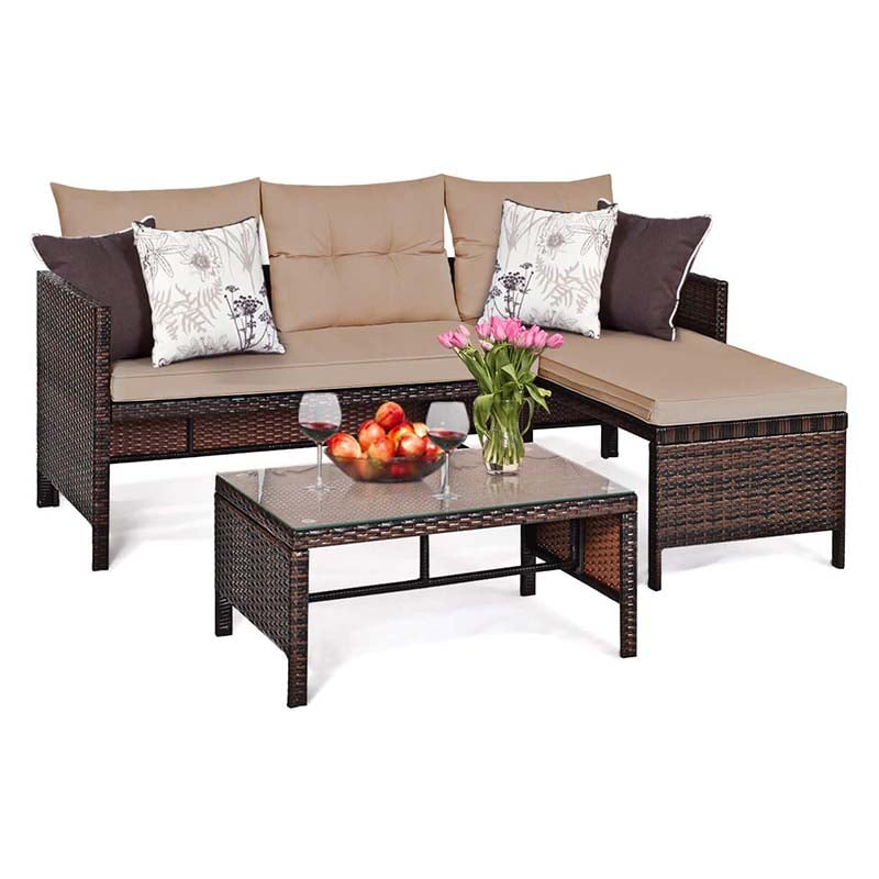 3 Pcs Rattan Patio Furniture Set Outdoor Conversation Sofa Set with Loveseat Chair & Coffee Table