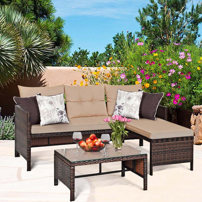 3 Pcs Rattan Patio Furniture Set Outdoor Conversation Sofa Set with Loveseat Chair & Coffee Table