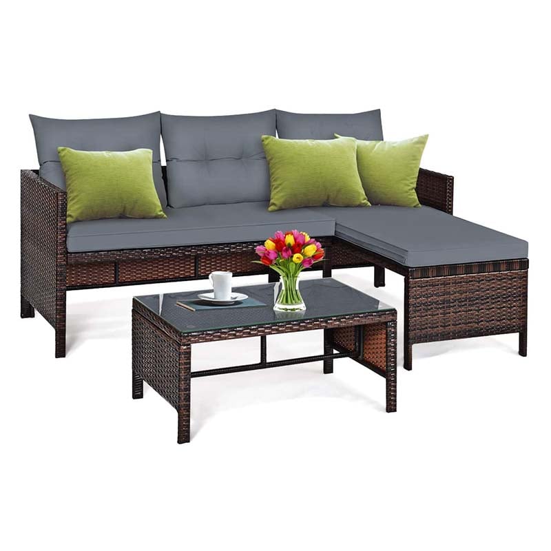 3 Pcs Rattan Patio Furniture Set Outdoor Conversation Sofa Set with Loveseat Chair & Coffee Table