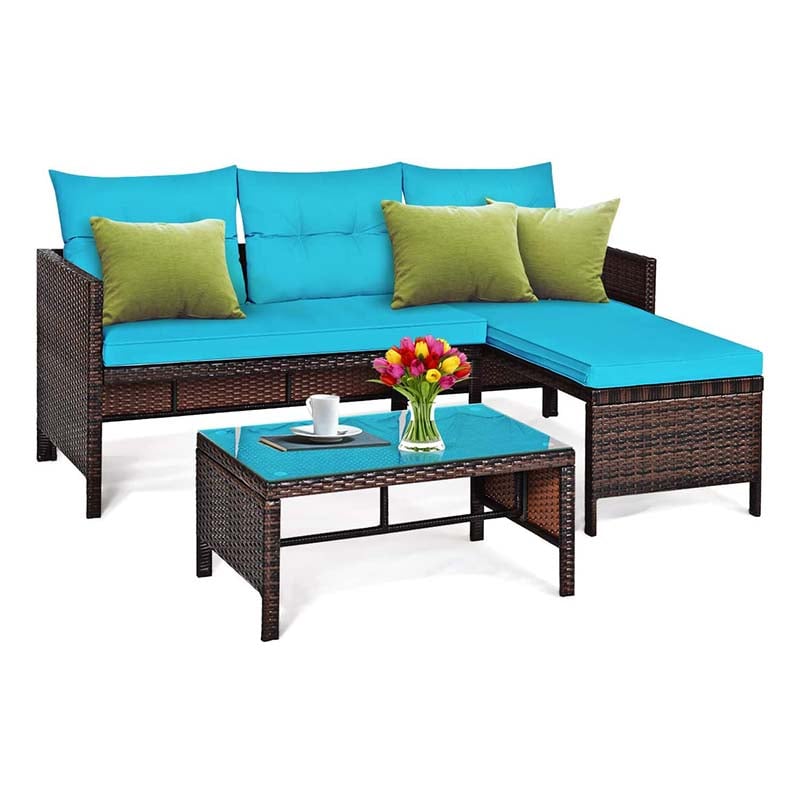 3 Pcs Rattan Patio Furniture Set Outdoor Conversation Sofa Set with Loveseat Chair & Coffee Table